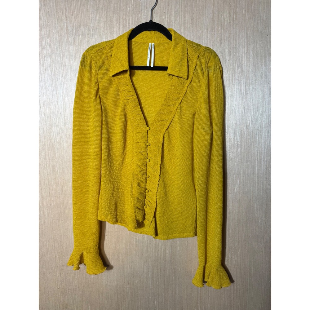 Anthropologie Mustard Yellow Ruffle Trim Textured Knit Cardigan Top Size M